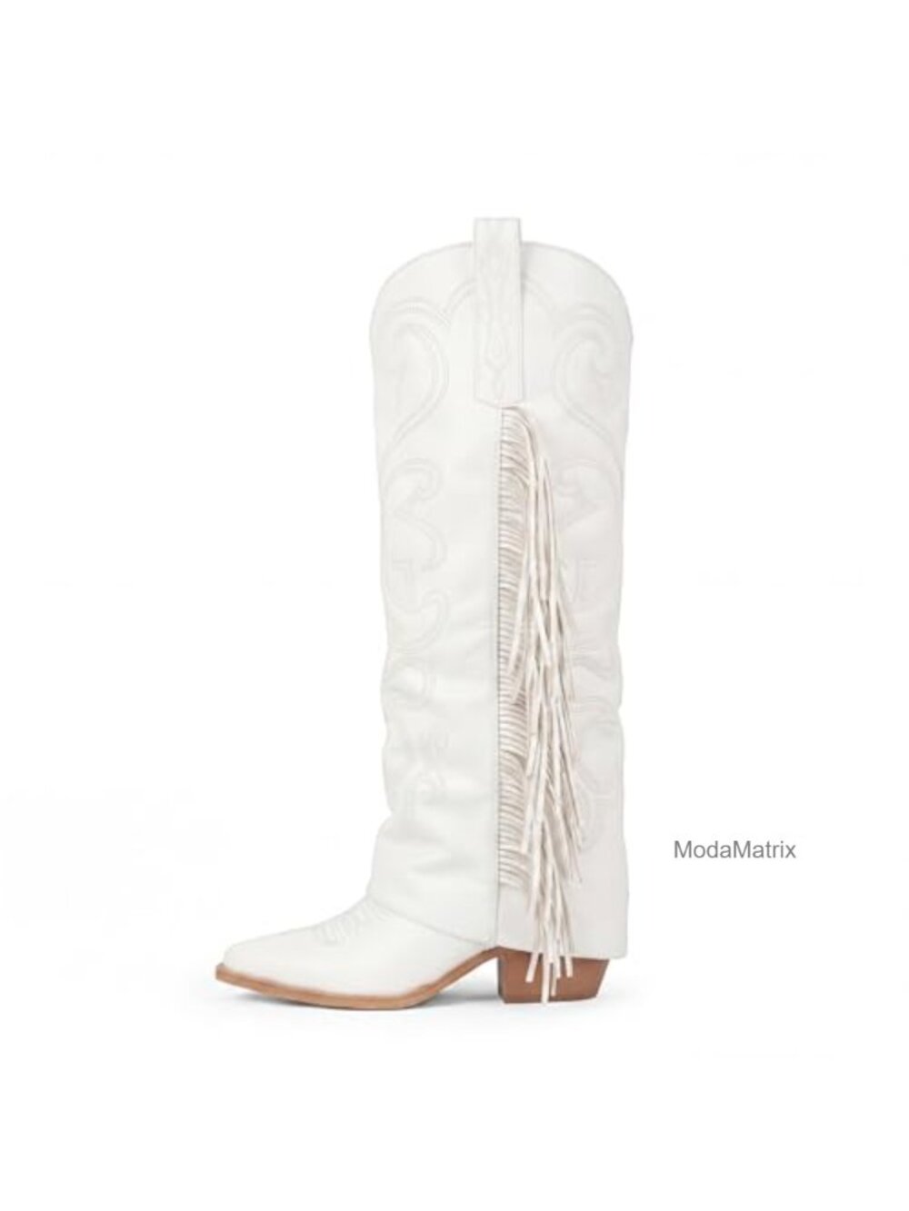 Faux Leather Fringe Cowboy Boots Knee High Western Block Heel